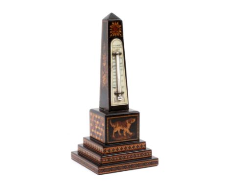 A Tunbridge ware coromandel wood obelisque form thermometer by Hollamby, the stepped base with geometric mosaic borders to a 