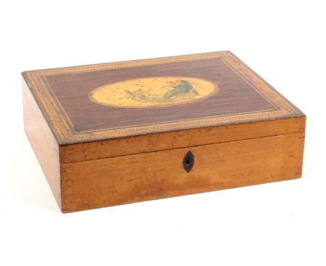 A white wood veneered, inlaid and print decorated Tunbridge ware sewing box, of rectangular form, plain sides, inlaid pointed