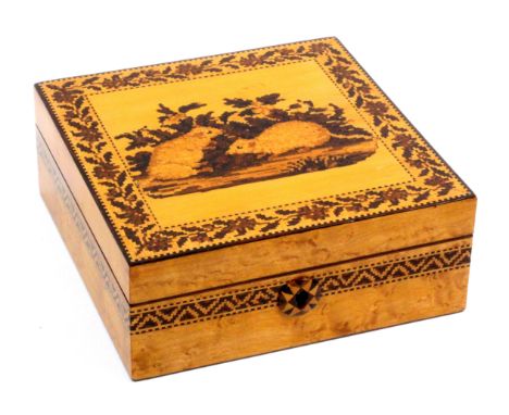 An attractive and rare Tunbridge ware handkerchief box, in burr maple, the sides with a band of geometric mosaic, the front w