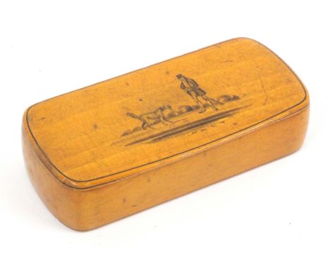 A Scottish sycamore snuff box, by Crawford, wooden hinge, of rectangular curved end form, the lid in pen work with huntsman w
