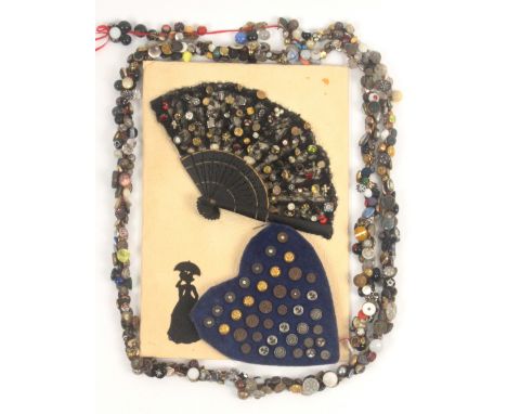 Buttons, tinnies, comprising a button string, circa 400, a very varied selection, a velvet heart shaped card, thirty nine, an