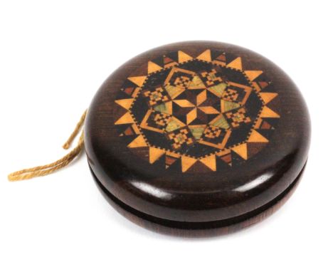 A scarce Tunbridge ware rosewood yo-yo, each side inset with a circular geometric stick ware panel, 8cms dia.&nbsp; &nbsp; &n