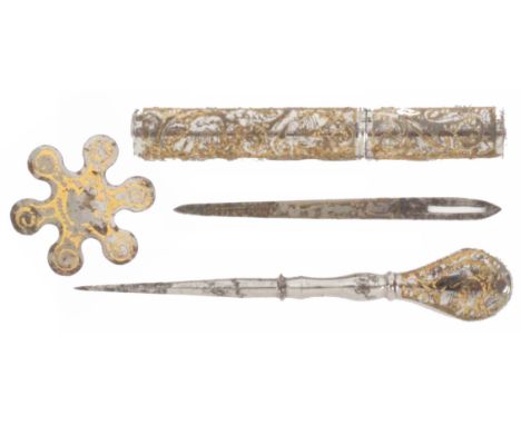 A set of four steel sewing tools with part gilded decoration, comprising a needle case, 6.6cms, a steel shafted stiletto, a b