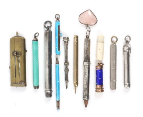 A collection of silver and other pencils, comprising a blue enamel and gilt fob pencil, 3.7cms closed, another, retractable i