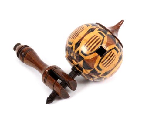An unusually large Tunbridge ware humming top, in bold stick ware with rosewood base and shaft complete with rosewood launchi