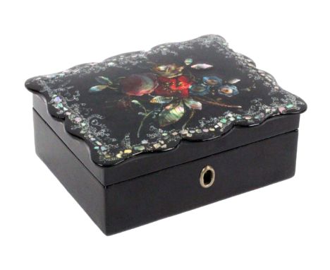 A small papier mache sewing box and a selection of tools, the rectangular box with swept border overhanging top painted with 