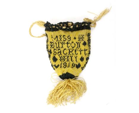 A charming documentary knitted purse, 1819, in yellow and green inscribed 'Miss W. Burton, Sackett Hill, 1819', drawstring to