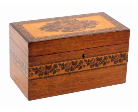 A Tunbridge ware rosewood tea caddy, of rectangular form, the sides with a band of floral mosaic, the lid with inset mosaic o