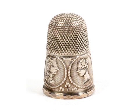 A very nice crisp example of the silver thimble to commemorate the marriage of Queen Victoria, 1840, double portrait ovals am