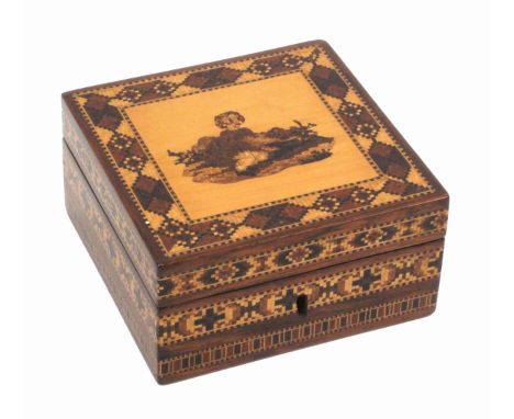 A Tunbridge ware rosewood watch box, of square form, the sides with a band of block end inlay below two bands of geometric mo