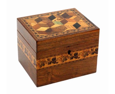 A Tunbridge ware rosewood tea caddy, of rectangular form, the sides with a band of floral mosaic, the lid with a panel of cub