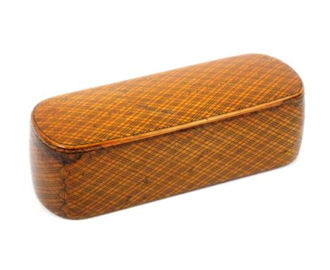 A Scottish sycamore and pen work snuff box, by Murdoch, wooden hinge, of rounded end rectangular form, decorated all over wit