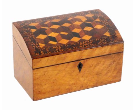 A Tunbridge ware stationery box labelled for 'George Smith - From The Crystal Palace - Jeweller - South East Gallery', in bur