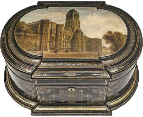 A fine papier mache sewing box with a painted panel of Christ Church Oxford and with the original retailers folding card, cir