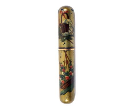 A Vernis Martin lacquer bodkin or billet doux case of cylinder form, with domed ends, the gold ground painted with insects, f