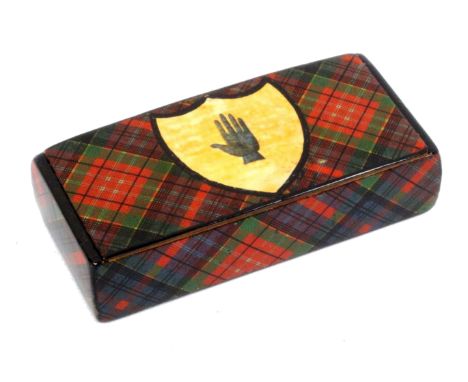 A Tartan ware snuff box (untitled), the lid painted with a cream shield enclosing a hand, wooden hinge, 95% foil, 8.5 x 4 x 2