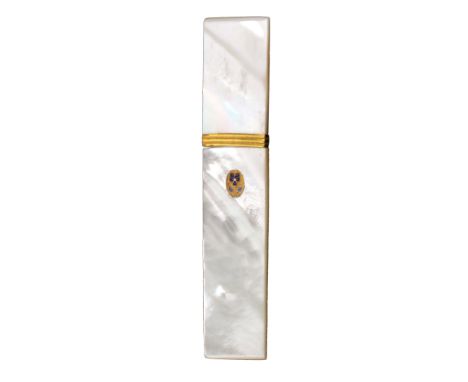A rectangular mother of pearl Palais Royal needle case, with fancy gilt metal ferrule, one side with oval gilt metal and enam