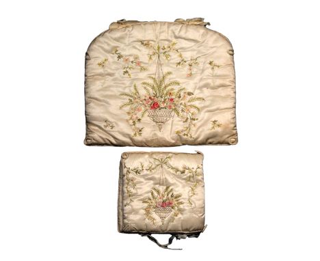 An Edwardian silk and floral embroidered night ware case and matching handkerchief case, each embroidered with a hanging jard