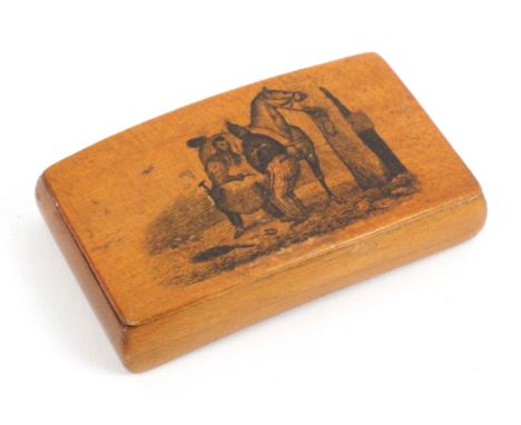 A Scottish sycamore snuff box, wooden hinge, rectangular of slightly curved form, the lid with transfer of a horse tied to a 