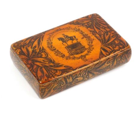 A Scottish sycamore snuff box, wooden hinge, rectangular with curved sides, the lid with statue of William III monument withi