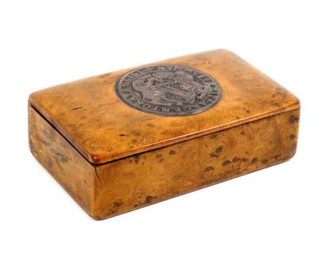 A Scottish burr wood snuff box, by Smith, Mauchline, wooden hinge, the cushion lid inset with a silver thaler coin (minted 16