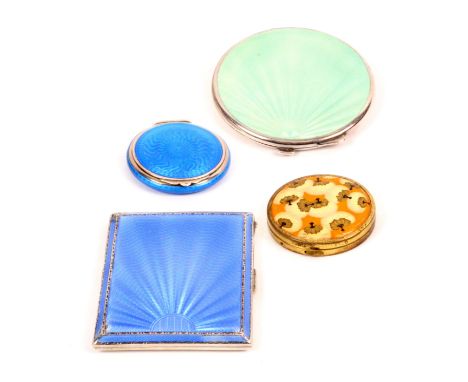 Three compacts and a cigarette case, comprising a green enamel and silver circular compact, Birmingham 1948, 7.2cms, another 