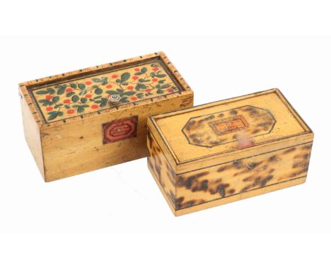 Two white wood Tunbridge ware rectangular boxes, with pin hinge lids, comprising a two division reel box, the lid painted wit