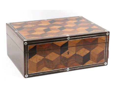 A well fitted rosewood and tumbling blocks sewing box, circa 1830, of rectangular form, the lid and front with panels of cube