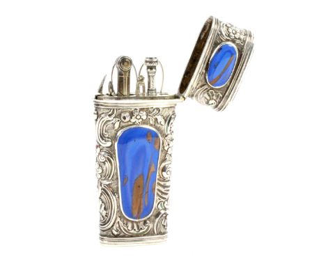 A late 18th Century silver and aventurine mounted travelling etui, unmarked, of oval section and tapering form, decorated wit