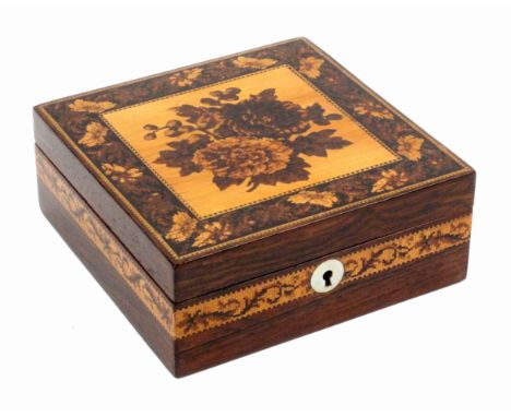 A Tunbridge ware rosewood handkerchief box, of square form, the sides in scrolling mosaic, the hinged lid with inset mosaic o