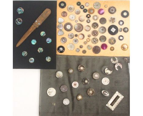 Buttons, mother of pearl and shell, comprising a card of fifteen together with two buckles including a fine two tone example 