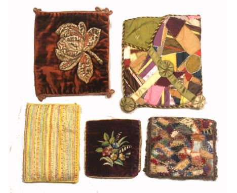 Five late Victorian / Edwardian handkerchief cases, two in patchwork, a purple velvet floral embroidered example, and two oth