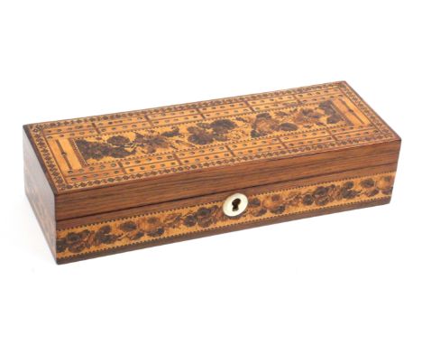 A Tunbridge ware rosewood cribbage box, of rectangular form, the sides with a band of floral mosaic, the front with circular 