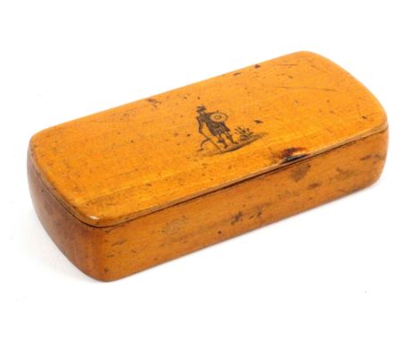 A Scottish sycamore snuff box, by Crawford, wooden hinge, of rounded end rectangular form, the lid with pen work image of a h