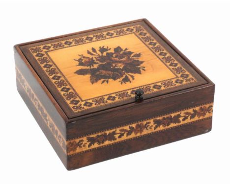 A Tunbridge ware rosewood handkerchief box, of square form, the sides with a border of mosaic, the pin hinge lid with inset f