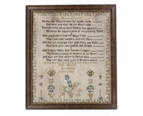 A sampler 'Mary Martnoll, Swymbridge, August 5th 1811', worked in wool with a verse 'To my Ever Honoured Parents - On this fa
