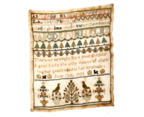 A small and charmingly inscribed sampler dated 'June 12th 1822', worked with rows of alphabets and numerals over a row of tre