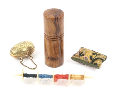 A mixed lot, sewing, comprising an 18th Century metallic and silk thread pin cushion of pillow form with ribbon edges, 4.7cms