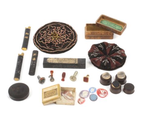A group of writing related items, comprising a small cardboard box labelled 'Thompson's Medallion Wafers …..', with eleven wa