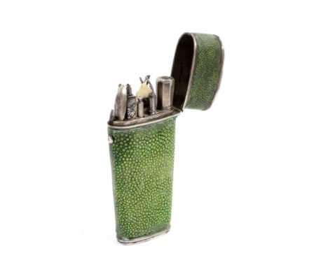 A silver and green shagreen travelling etui, of tapering oval section, hinged lid, the interior seemingly complete and origin