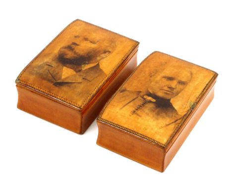 An unusual pair of Scottish sycamore snuff boxes by Chalmers of Auchinleck, each lid with a photographic head and shoulder po