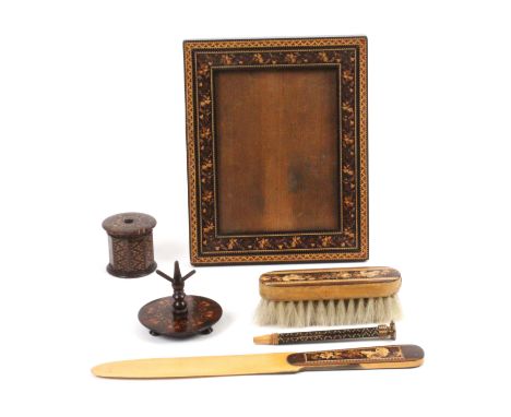 Tunbridge ware - six pieces, comprising a rectangular picture frame in mosaic with easel support, ink inscribed date '1896', 
