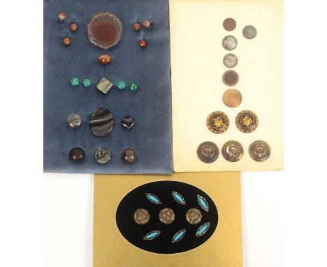 Buttons, various, three carded display comprising a velvet mounted oval with a set of six pointed oval centred by turquoise c
