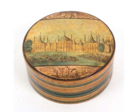 A white wood paint and print decorated Tunbridge ware circular box containing five smaller boxes, the outer with ring painted