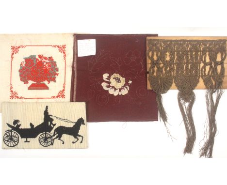 Various needle works, comprising a 19th Century floral wool work of a basket of flowers, unfinished, 60 x 76cms, a geometric 