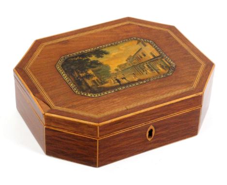 A partridge wood inlaid and print decorated Tunbridge ware playing card box by Thomas Wise (1750-1807), of elongated octagona