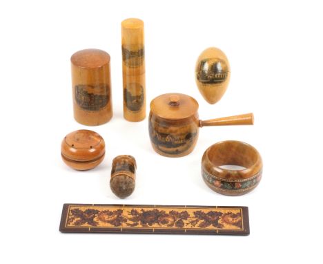 Mauchline ware, and other wares, eight pieces, comprising a crochet cylinder with handles and four of six hooks (Birkenhead P