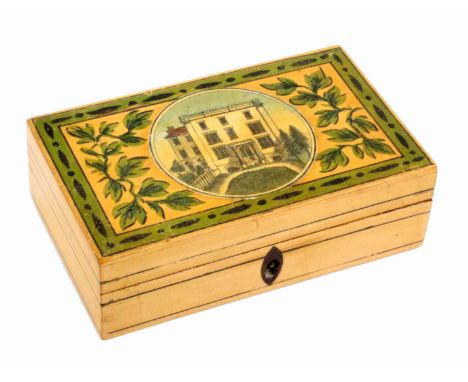 A white wood paint and print decorated Tunbridge ware box, of rectangular form, black line decorated sides, inlaid pointed ov