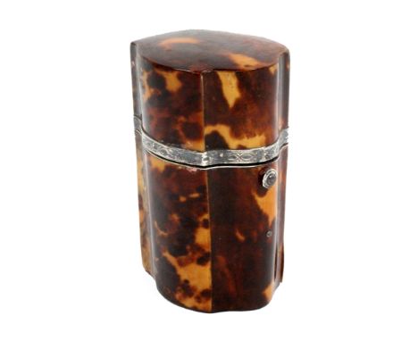 A tortoiseshell scent bottle etui, serpentine front, curved sides and square back, engraved silver hinge mount. The interior 
