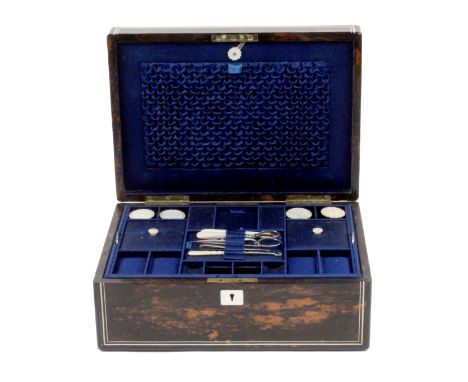 A coromandel wood sewing box by Lund, circa 1860, of rectangular form, the lid and front with ivory border lines and mother o